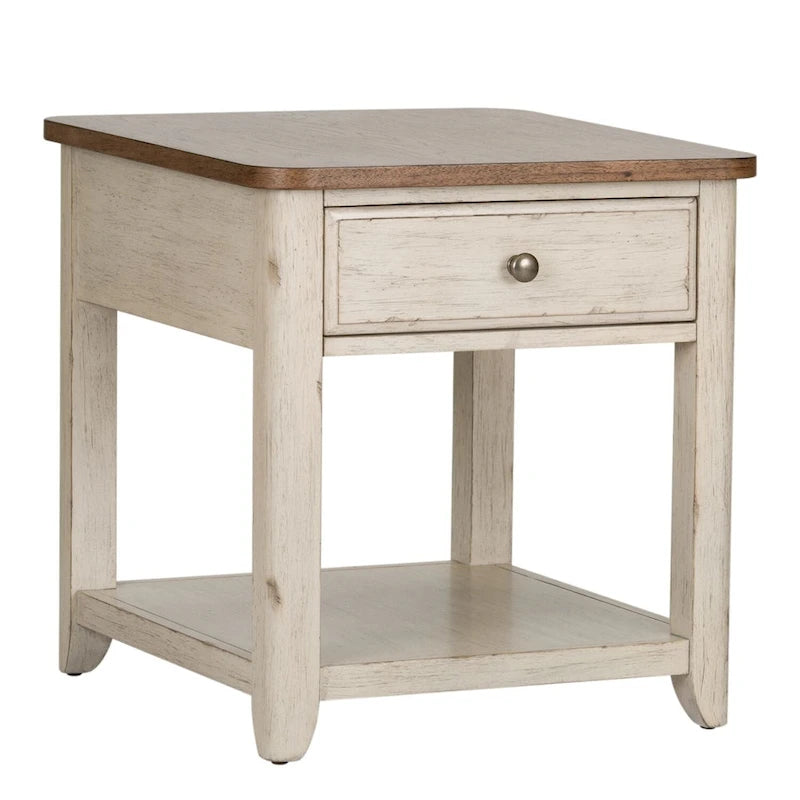 Table d'appoint réinventée blanc antique avec panier de style ferme
