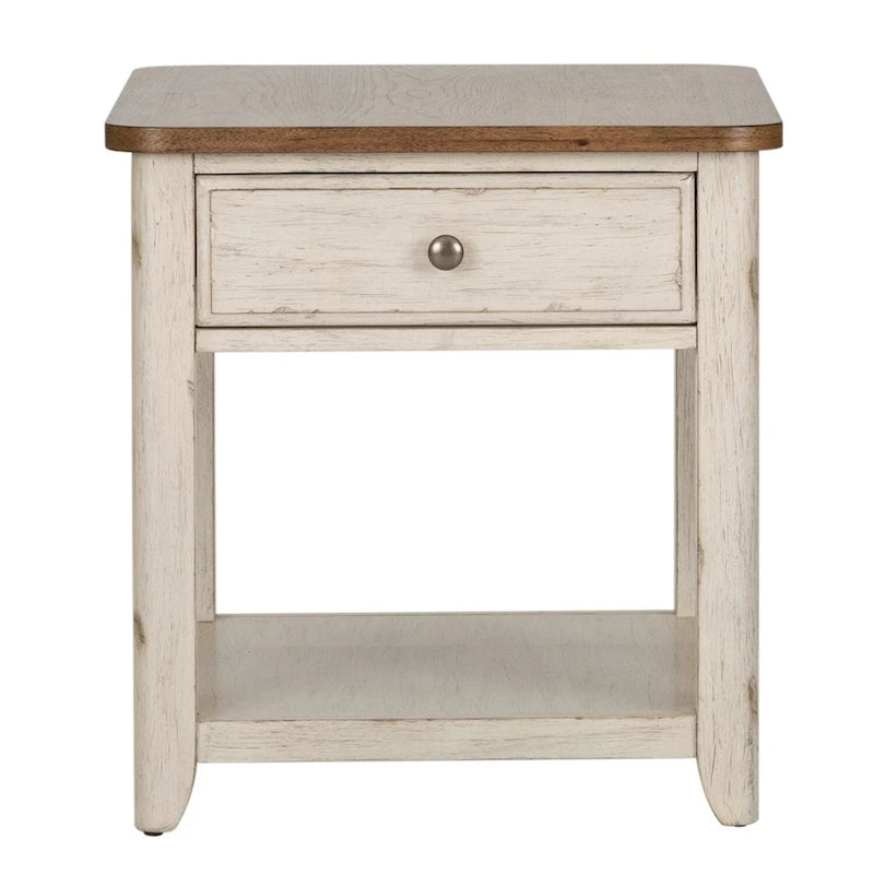 Table d'appoint réinventée blanc antique avec panier de style ferme