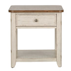 Table d'appoint réinventée blanc antique avec panier de style ferme