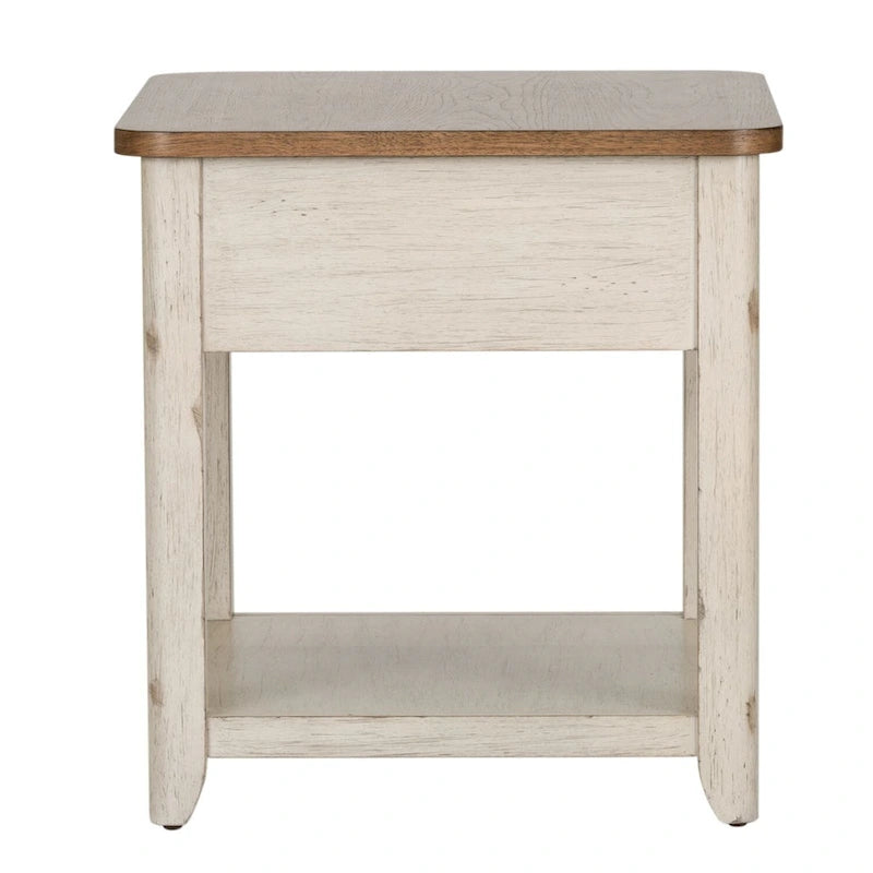 Table d'appoint réinventée blanc antique avec panier de style ferme
