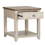 Table d'appoint réinventée blanc antique avec panier de style ferme