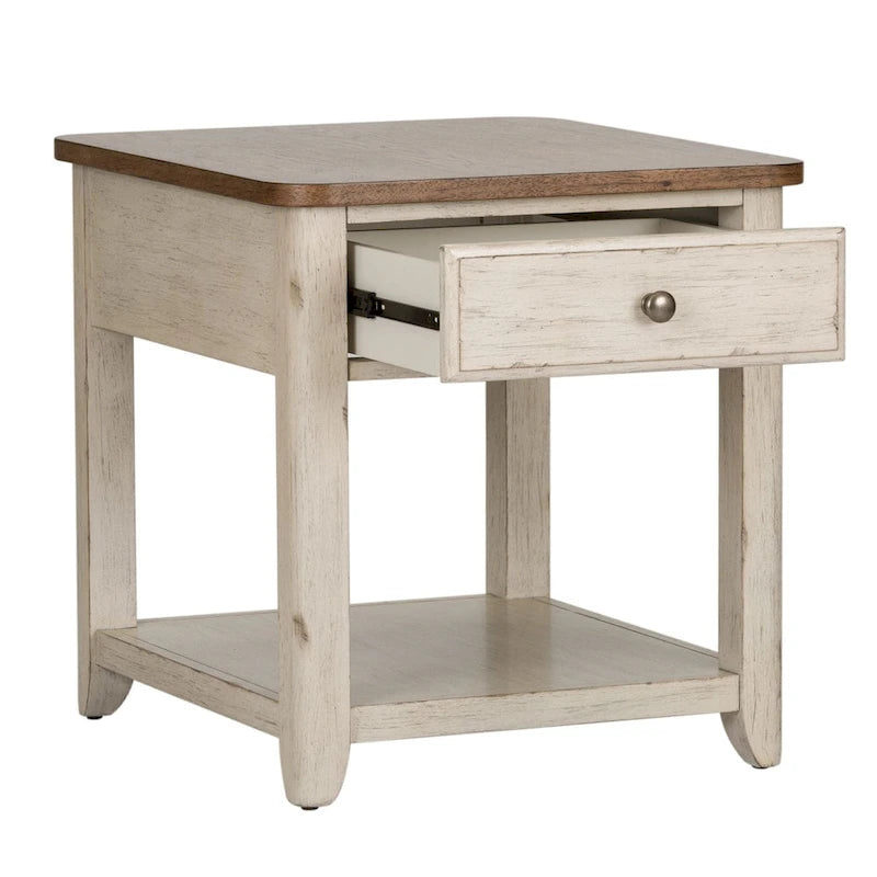 Table d'appoint réinventée blanc antique avec panier de style ferme