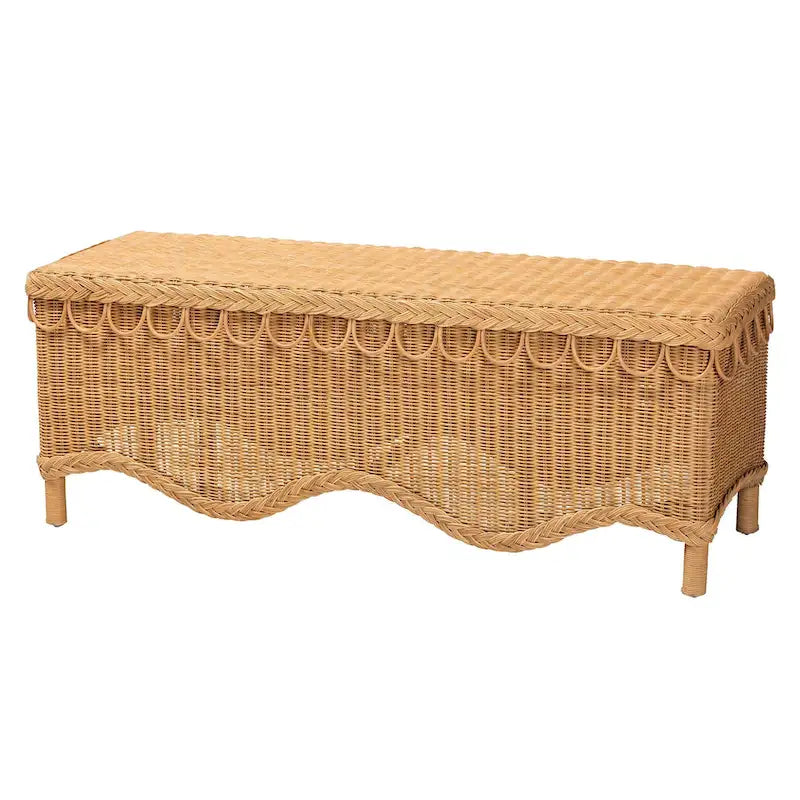 Banc d'appoint Erla Bohème en rotin clair avec bordure festonnée