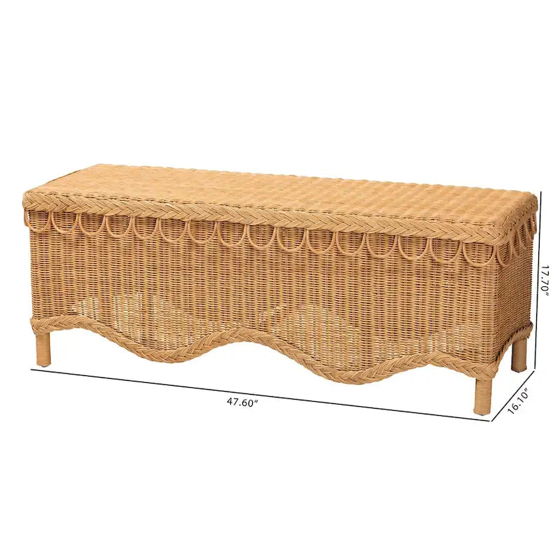 Banc d'appoint Erla Bohème en rotin clair avec bordure festonnée