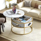 Table basse relevable ronde, plateau marbré blanc et piètement doré