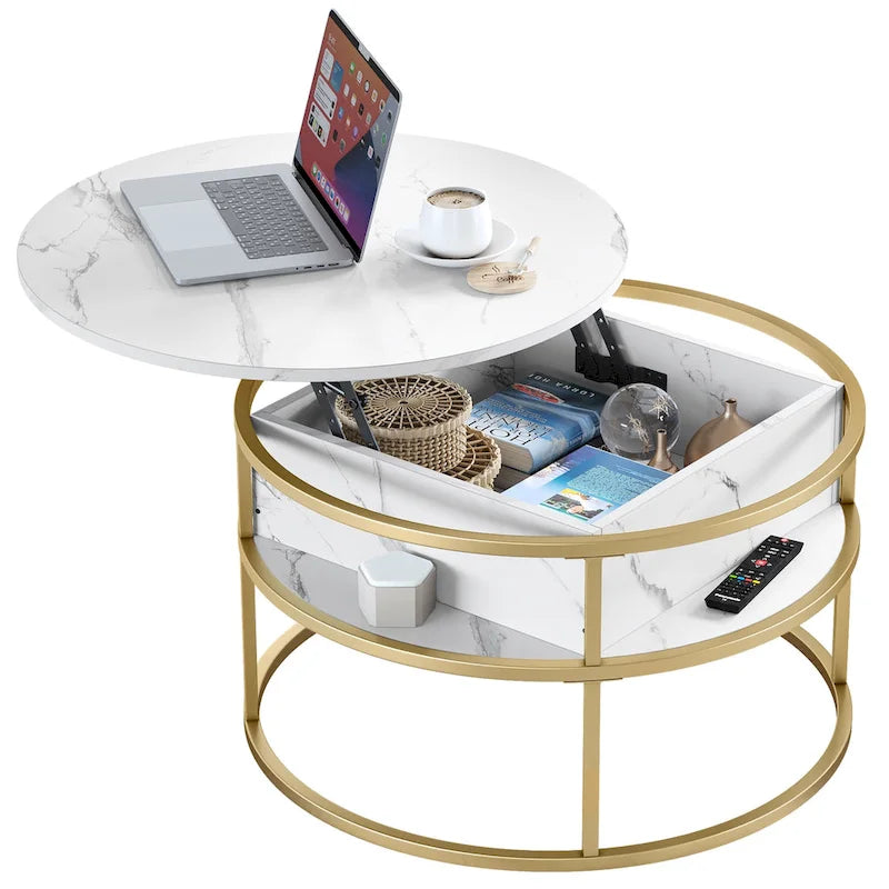 Table basse relevable ronde, plateau marbré blanc et piètement doré