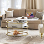 Table basse relevable ronde, plateau marbré blanc et piètement doré