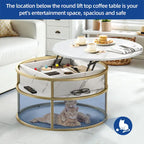 Table basse relevable ronde, plateau marbré blanc et piètement doré