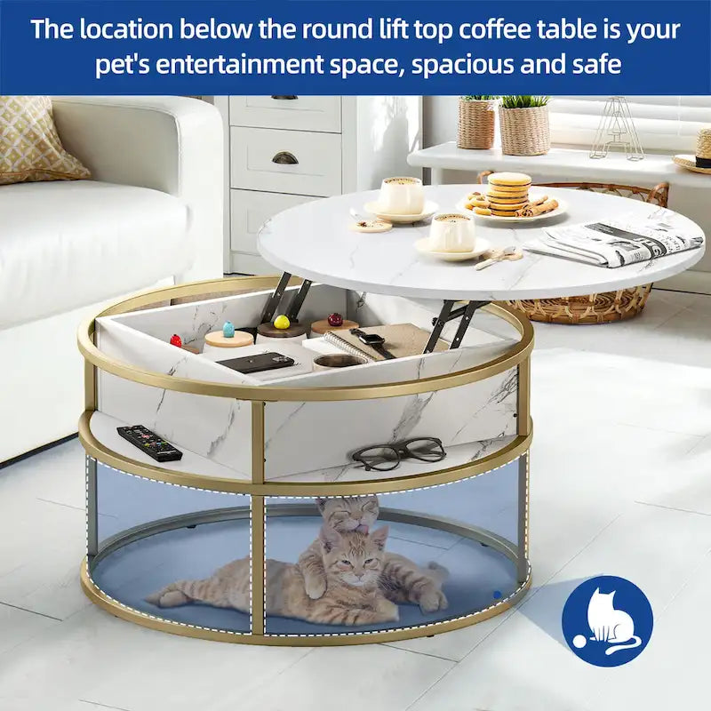 Table basse relevable ronde, plateau marbré blanc et piètement doré