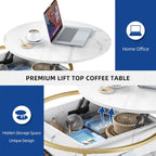 Table basse relevable ronde, plateau marbré blanc et piètement doré