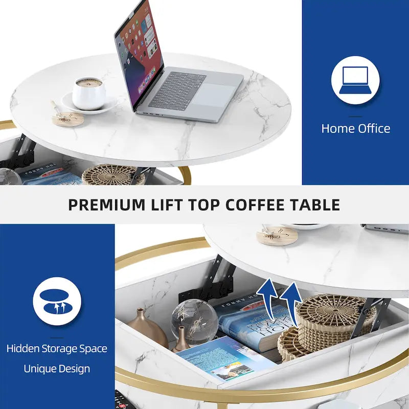 Table basse relevable ronde, plateau marbré blanc et piètement doré