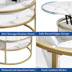 Table basse relevable ronde, plateau marbré blanc et piètement doré
