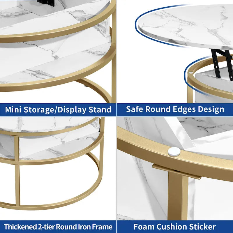 Table basse relevable ronde, plateau marbré blanc et piètement doré