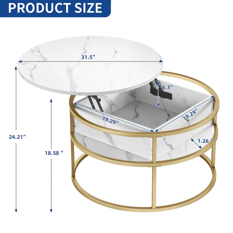 Table basse relevable ronde, plateau marbré blanc et piètement doré