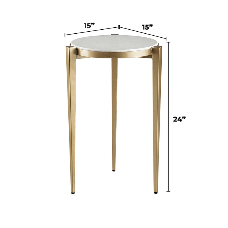Table d'appoint Billie de 24 pouces de haut avec plateau en marbre véritable et accents blancs et dorés