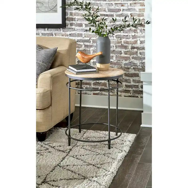 Table d'appoint ronde Fenway 22 en bois de manguier massif et métal - 56 cm (L) x 56 cm (l) x 63,5 cm (H)