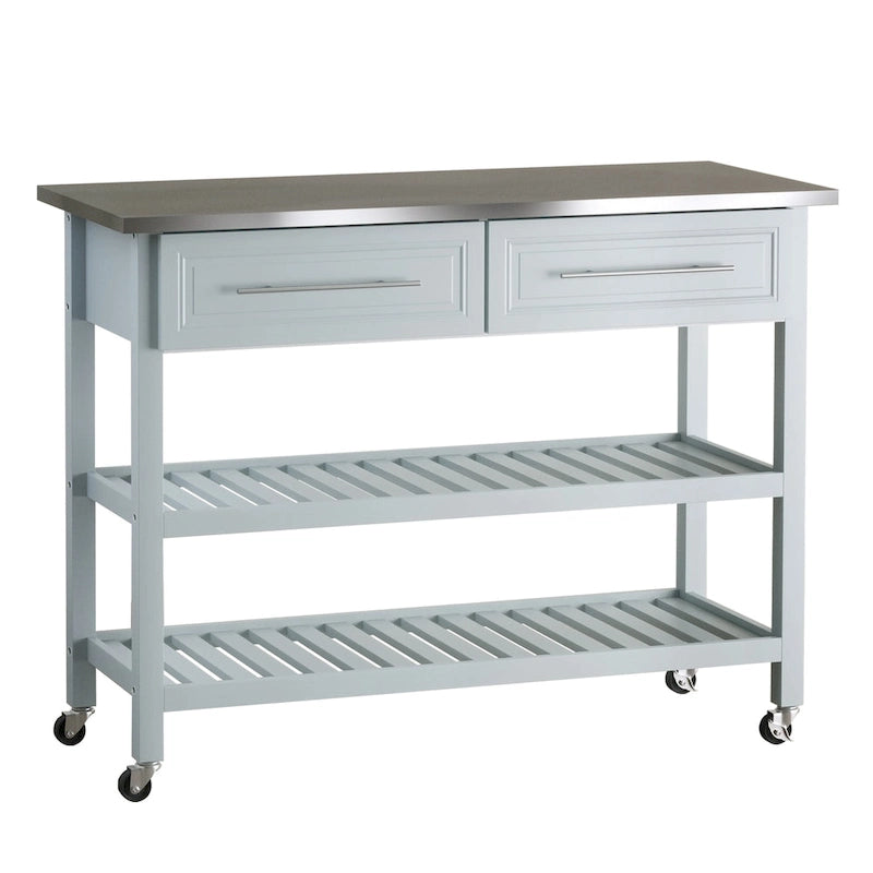 HOMCOM Chariot de service de cuisine avec plan de travail en acier inoxydable et roulettes, tiroirs et étagères – Gris