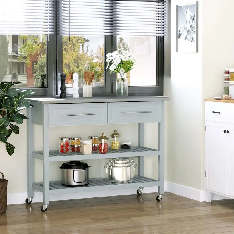 HOMCOM Chariot de service de cuisine avec plan de travail en acier inoxydable et roulettes, tiroirs et étagères – Gris