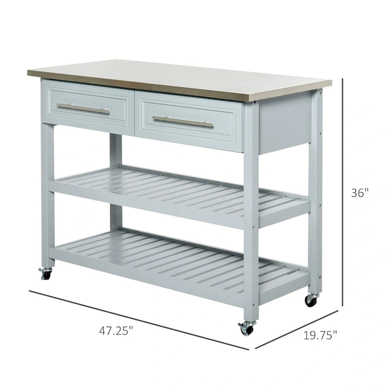HOMCOM Chariot de service de cuisine avec plan de travail en acier inoxydable et roulettes, tiroirs et étagères – Gris