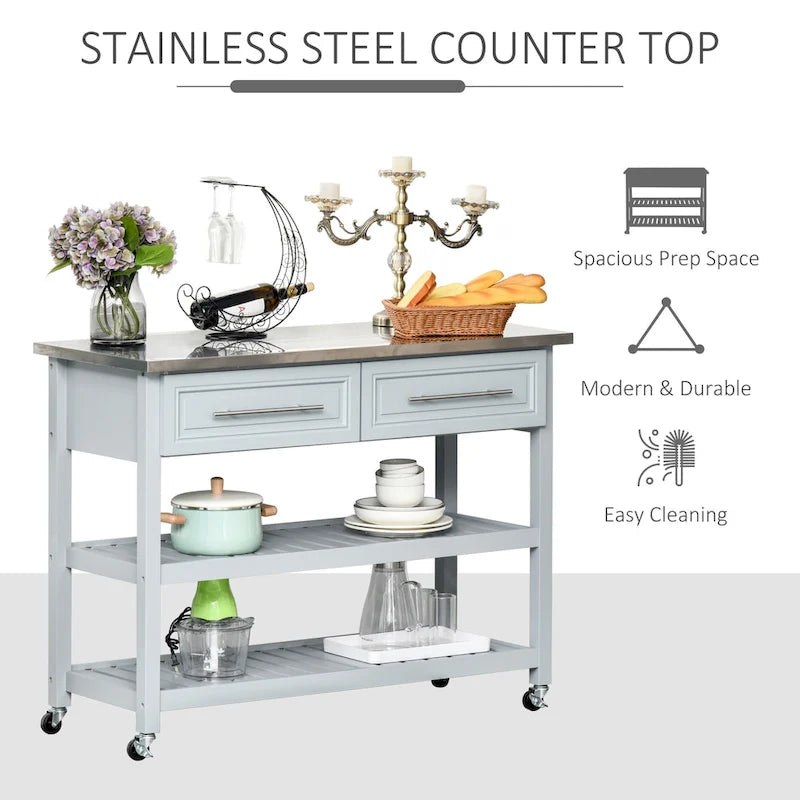 HOMCOM Chariot de service de cuisine avec plan de travail en acier inoxydable et roulettes, tiroirs et étagères – Gris