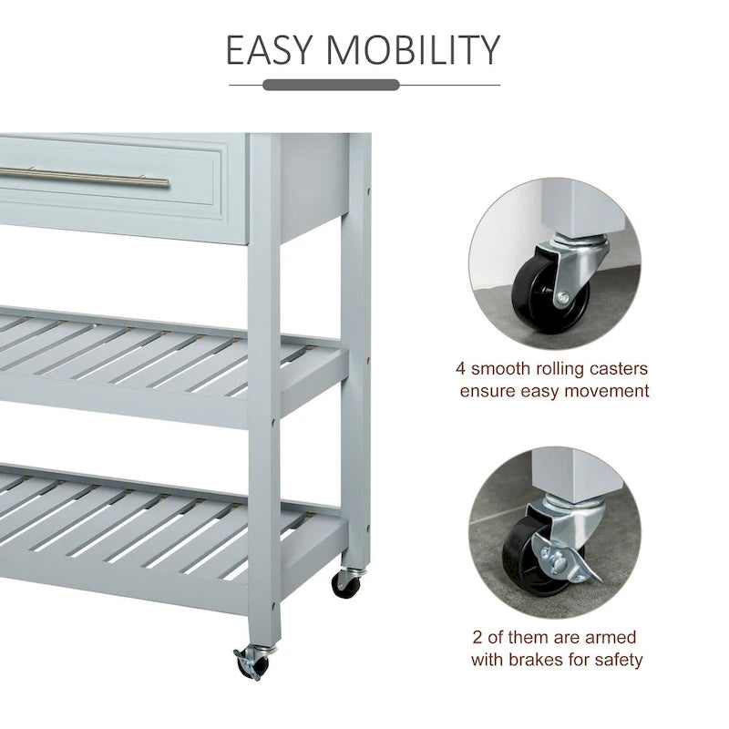 HOMCOM Chariot de service de cuisine avec plan de travail en acier inoxydable et roulettes, tiroirs et étagères – Gris