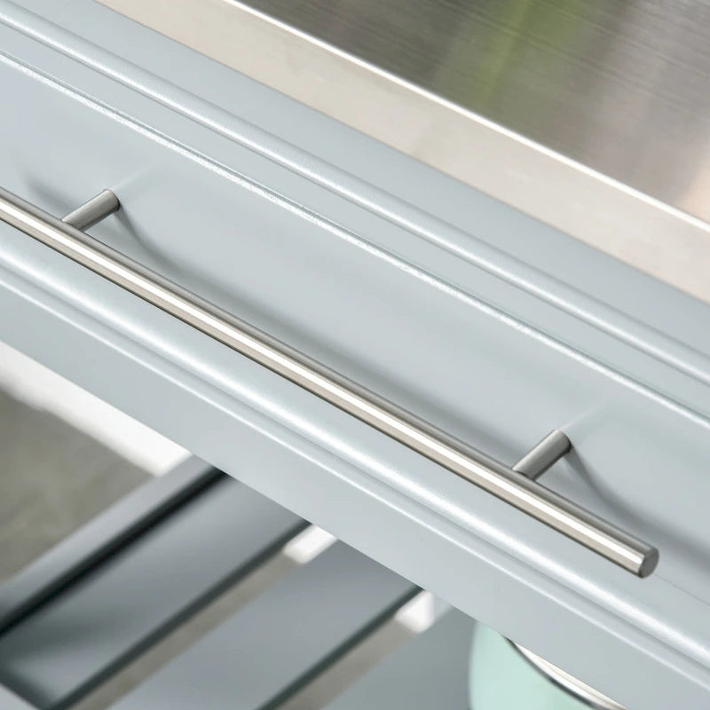 HOMCOM Chariot de service de cuisine avec plan de travail en acier inoxydable et roulettes, tiroirs et étagères – Gris