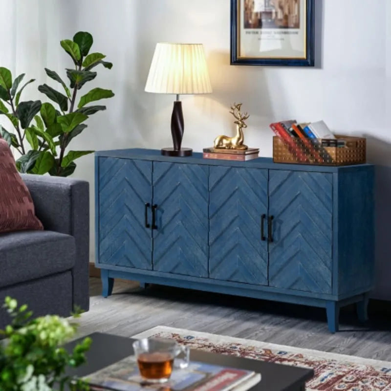Buffet 4 portes en bois twill de style campagnard américain vintage pour salon, salle à manger ou entrée.