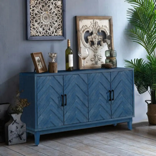 Buffet 4 portes en bois twill de style campagnard américain vintage pour salon, salle à manger ou entrée.
