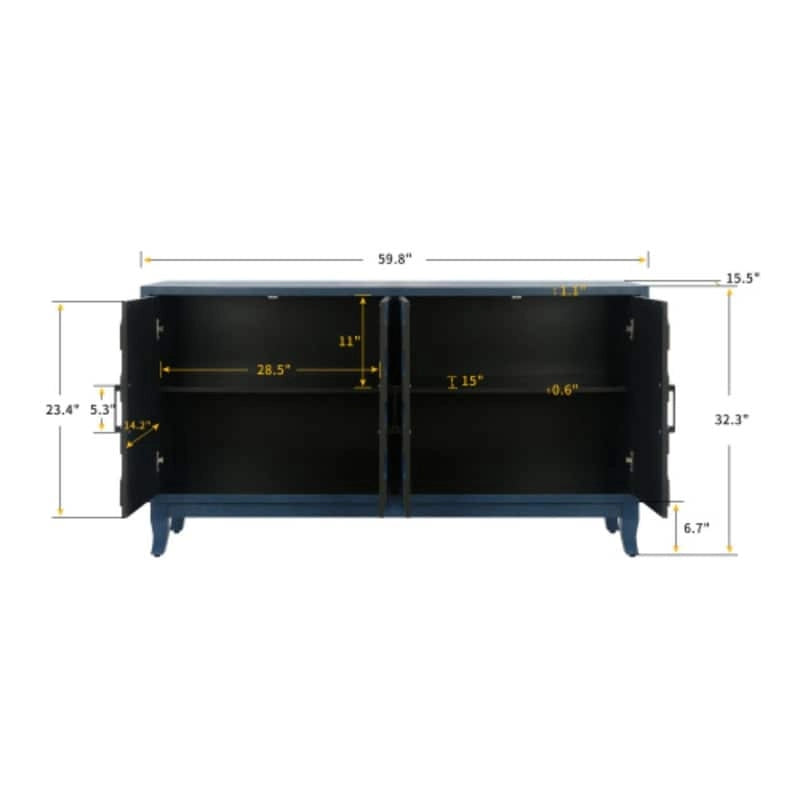Buffet 4 portes en bois twill de style campagnard américain vintage pour salon, salle à manger ou entrée.