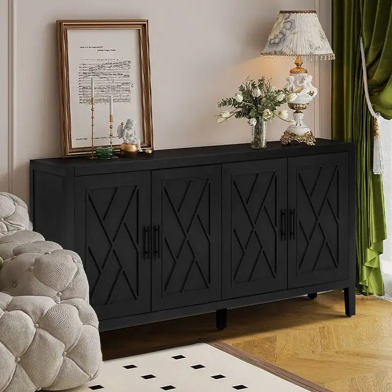 Buffet 4 portes en bois twill de style campagnard américain vintage pour salon, salle à manger ou entrée.