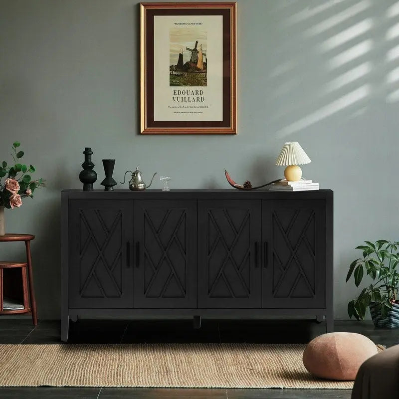 Buffet 4 portes en bois twill de style campagnard américain vintage pour salon, salle à manger ou entrée.