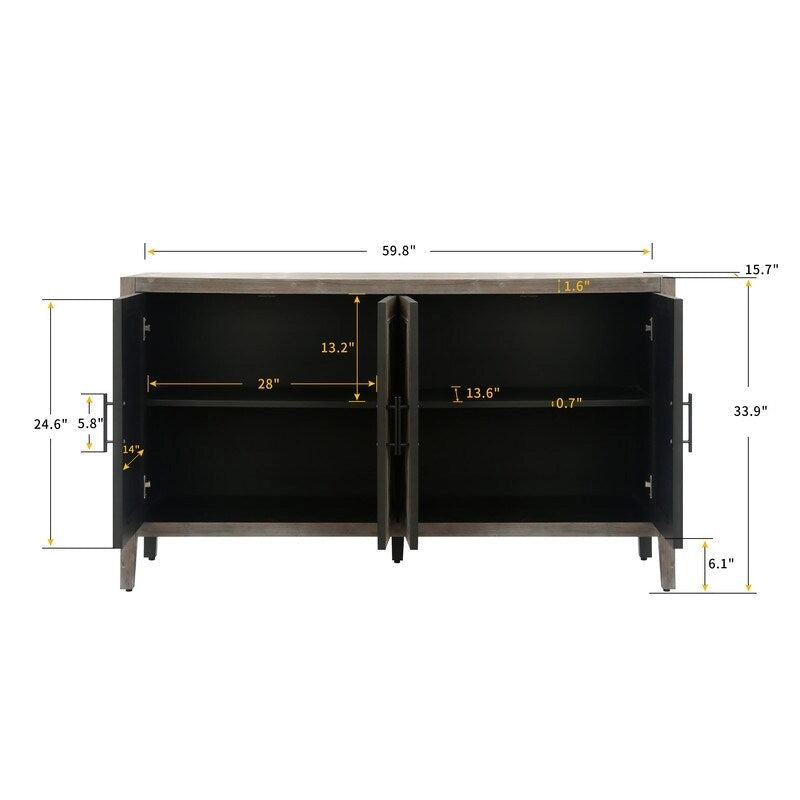 Buffet 4 portes en bois twill de style campagnard américain vintage pour salon, salle à manger ou entrée.