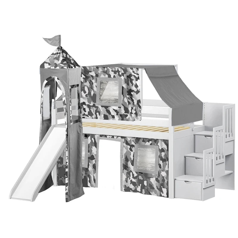 Lit bas mezzanine jumeau JACKPOT Prince & Princesse, escaliers, toboggan, tente et tour