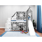 Lit bas mezzanine jumeau JACKPOT Prince & Princesse, escaliers, toboggan, tente et tour