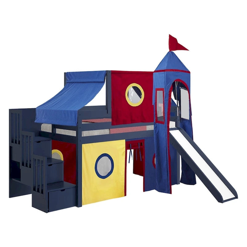 Lit bas mezzanine jumeau JACKPOT Prince & Princesse, escaliers, toboggan, tente et tour