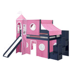 Lit bas mezzanine jumeau JACKPOT Prince & Princesse, escaliers, toboggan, tente et tour