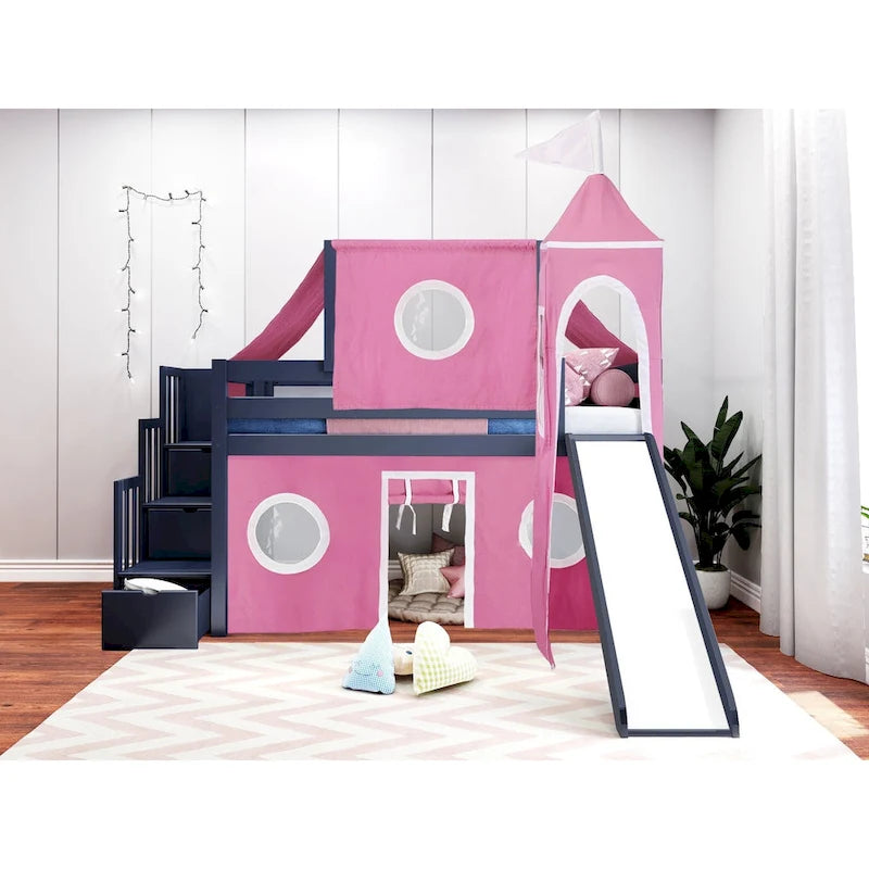 Lit bas mezzanine jumeau JACKPOT Prince & Princesse, escaliers, toboggan, tente et tour