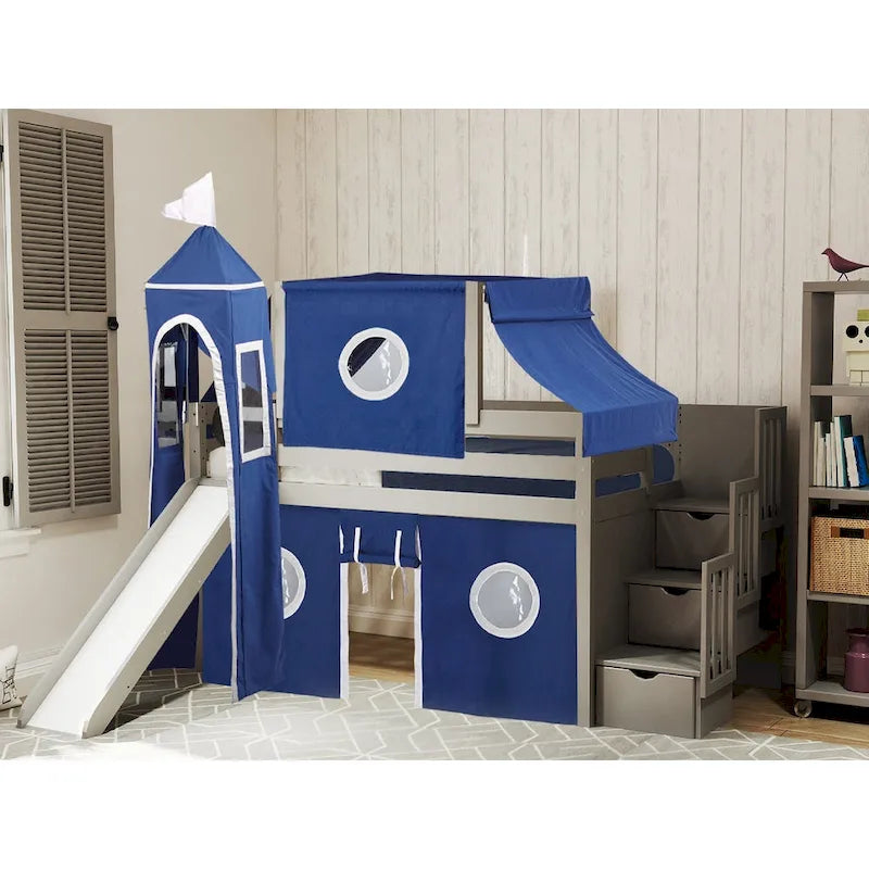Lit bas mezzanine jumeau JACKPOT Prince & Princesse, escaliers, toboggan, tente et tour