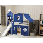 Lit bas mezzanine jumeau JACKPOT Prince & Princesse, escaliers, toboggan, tente et tour