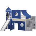 Lit bas mezzanine jumeau JACKPOT Prince & Princesse, escaliers, toboggan, tente et tour