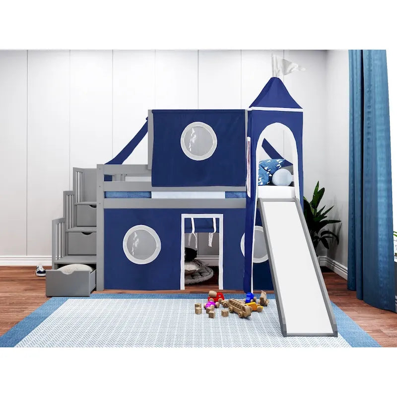 Lit bas mezzanine jumeau JACKPOT Prince & Princesse, escaliers, toboggan, tente et tour