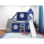 Lit bas mezzanine jumeau JACKPOT Prince & Princesse, escaliers, toboggan, tente et tour