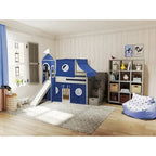 Lit bas mezzanine jumeau JACKPOT Prince & Princesse, escaliers, toboggan, tente et tour