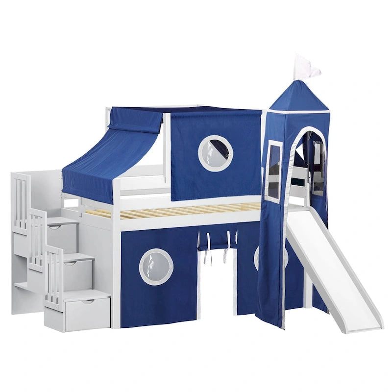 Lit bas mezzanine jumeau JACKPOT Prince & Princesse, escaliers, toboggan, tente et tour