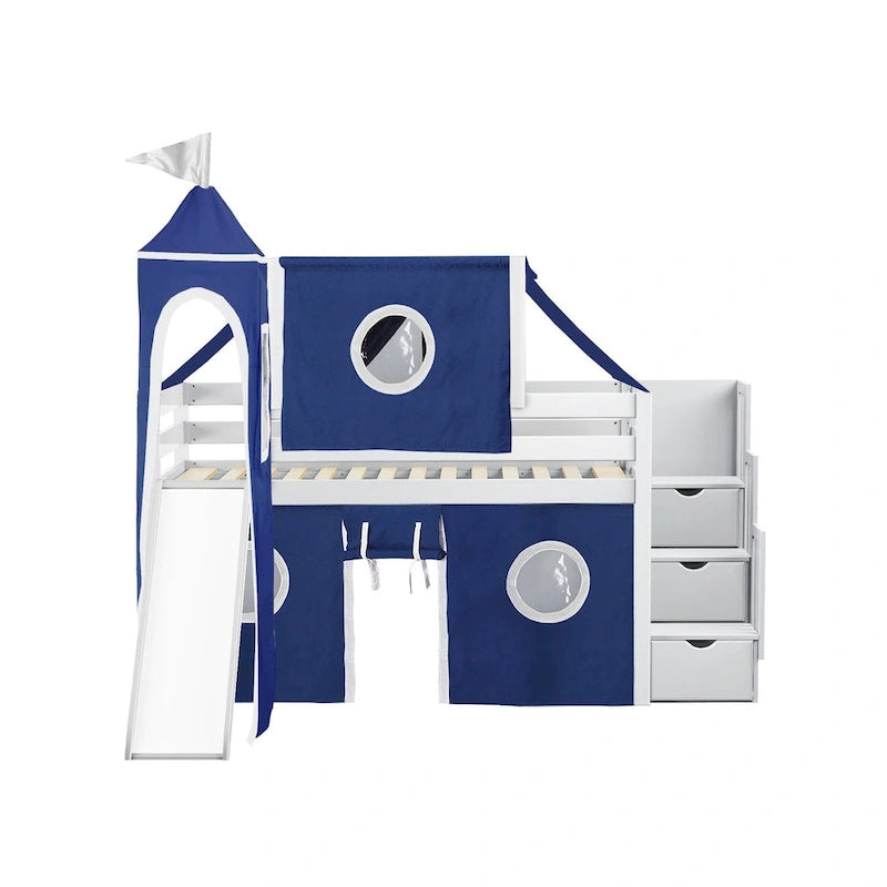 Lit bas mezzanine jumeau JACKPOT Prince & Princesse, escaliers, toboggan, tente et tour