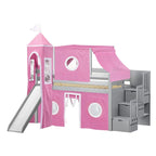 Lit bas mezzanine jumeau JACKPOT Prince & Princesse, escaliers, toboggan, tente et tour