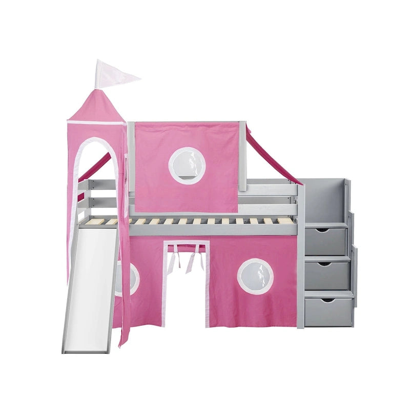 Lit bas mezzanine jumeau JACKPOT Prince & Princesse, escaliers, toboggan, tente et tour
