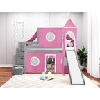Lit bas mezzanine jumeau JACKPOT Prince & Princesse, escaliers, toboggan, tente et tour