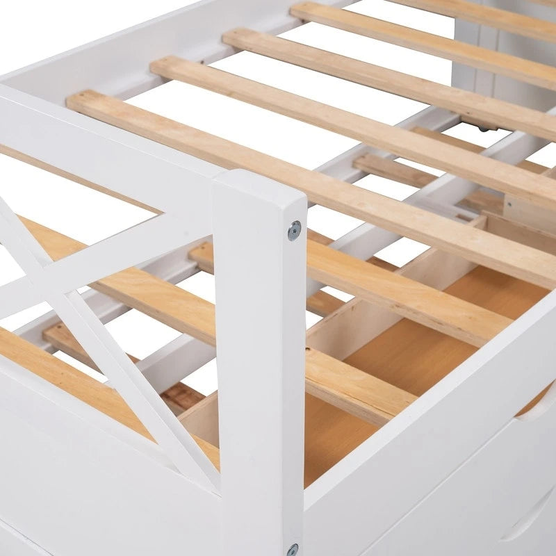 Twin Daybed with Trundle and Storage Drawers, Farmhouse Style Wood Twin Size Storage Trundle Bed,White
