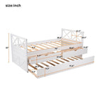 Lit de repos double avec lit gigogne et tiroirs de rangement, lit gigogne de rangement en bois style ferme, taille double, blanc